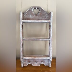 Rustic Whitewashed Wooden Wall Shelf w/ Heart Accnt & peg hooks. Vintage 12x4x24